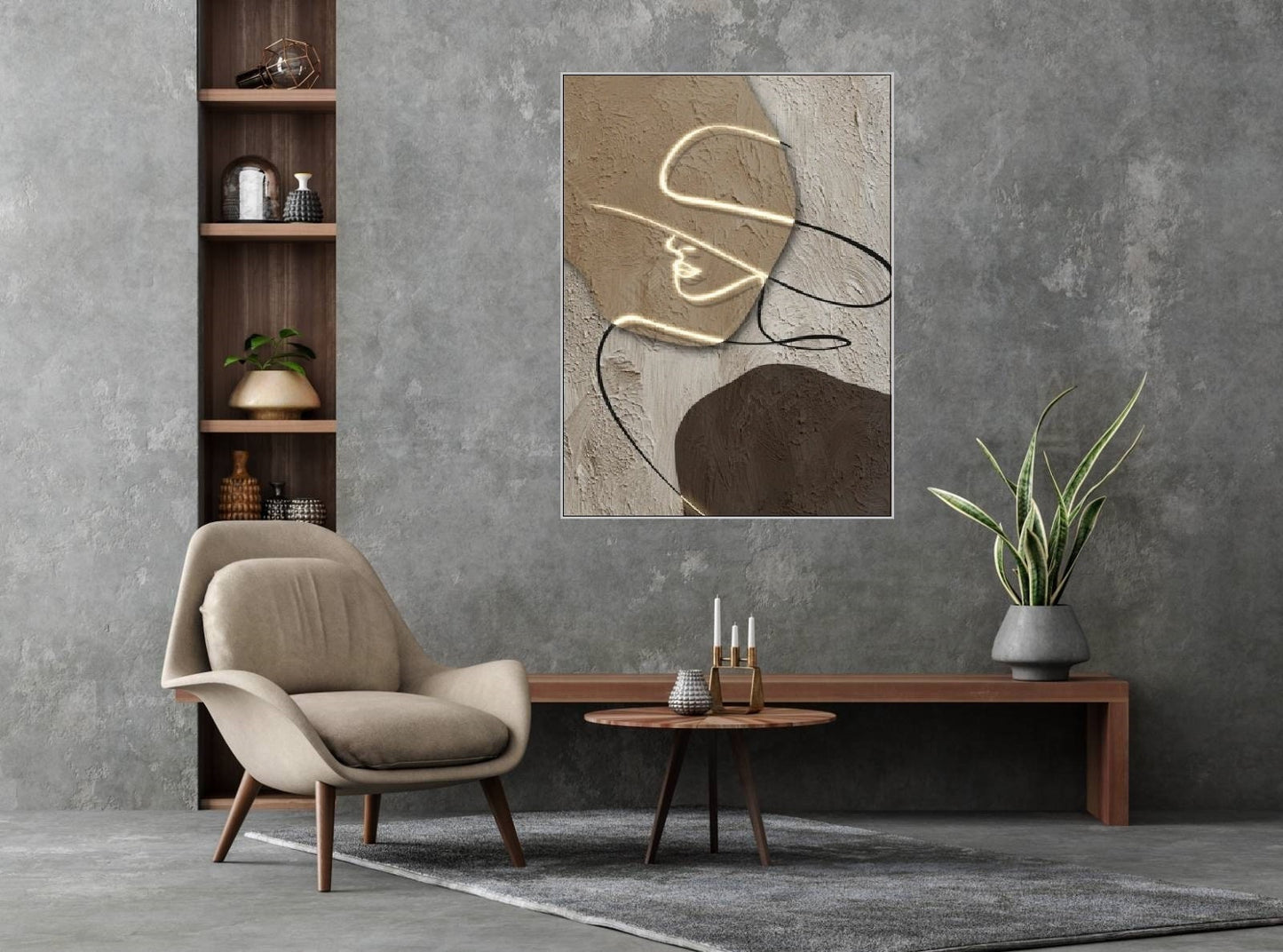 Large one line wall art, abstract floater frame canvas print, grey brown hanging wall decor, fashion vertical artwork, living room wall art