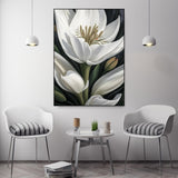 Large flower wall art, printable white flowers floating frame canvas artwork, botanical hanging wall decor, green white floral wall art