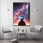 Large astronaut wall art, fantasy floater frame hanging artwork, colorful space canvas print, modern living room wall art, designer artwork