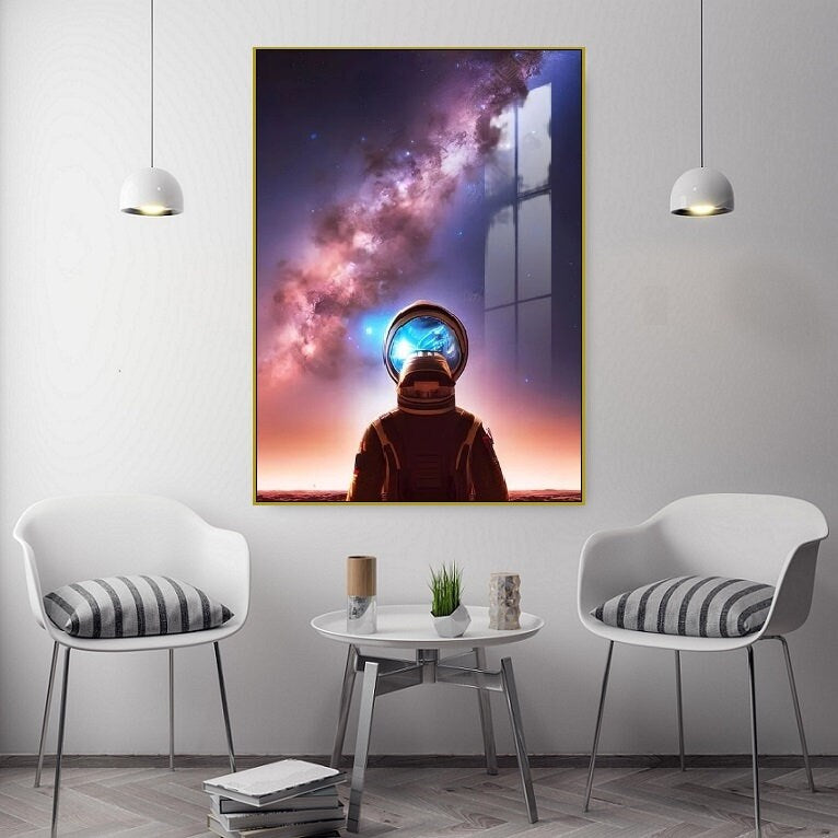 Large astronaut wall art, fantasy floater frame hanging artwork, colorful space canvas print, modern living room wall art, designer artwork