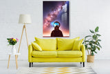 Large astronaut wall art, fantasy floater frame hanging artwork, colorful space canvas print, modern living room wall art, designer artwork