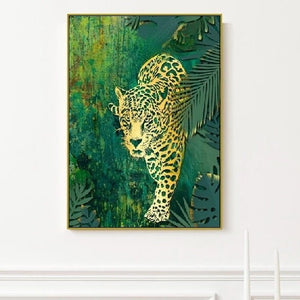 Leopard canvas wall art, animals artwork in floating frame, green hanging wall decor, printable nature wall art, large living room wall art