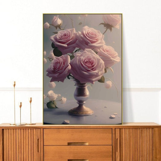 Large floral printable wall art, floater frame roses artwork, pink flowers canvas print, big boquete artwork, hanging bedroom wall decor