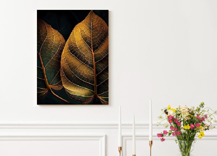Extra large botanical wall art, printable leaves artwork in floating frame, golden leaf canvas print, dark framed wall art for living room