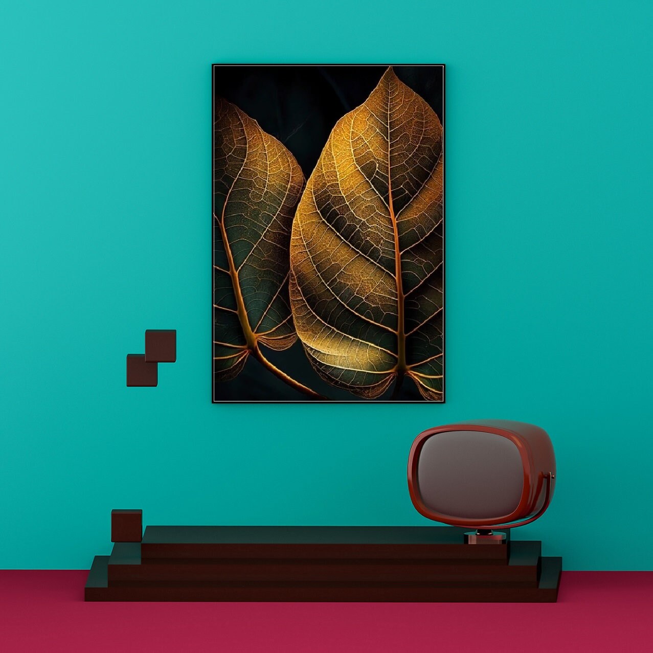 Extra large botanical wall art, printable leaves artwork in floating frame, golden leaf canvas print, dark framed wall art for living room