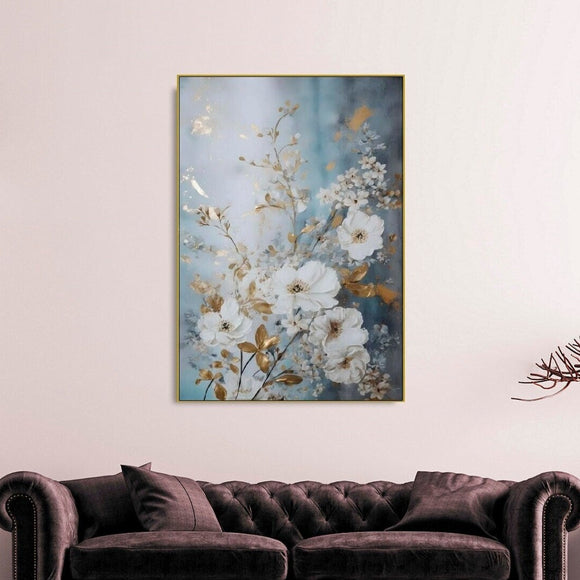 Large floral watercolor wall art, wildflowers artwork in floating frame, white flowers canvas print, blue white bedroom framed wall art