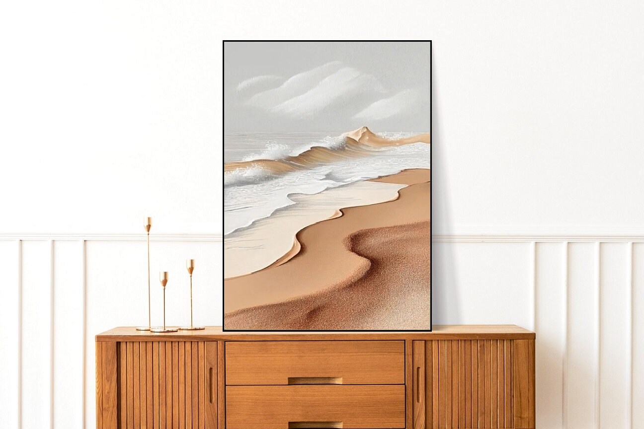 Large wave wall art, floater frame marine artwork, modern seascape hanging wall decor, grey beige canvas print, printable nautical wall art