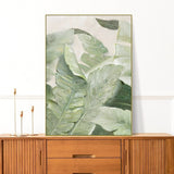 Green leaves wall art, oil painting floating frame hanging wall decor, extra large botanical canvas print, banana leaves living room artwork