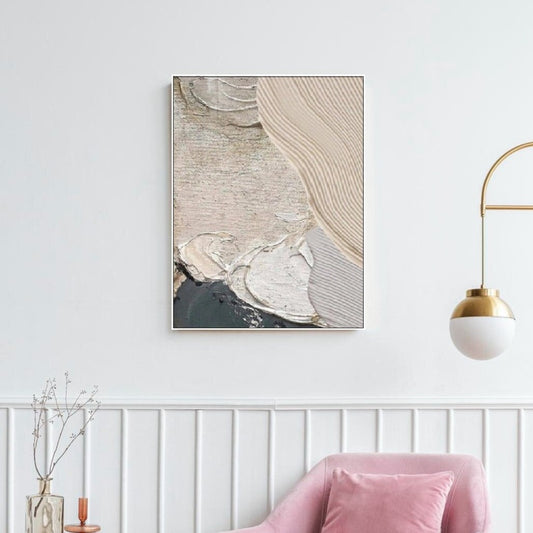 Abstract framed wall art, oil paint hanging wall decor, beige floating frame artwork, modern printable canvas wall art, living room artwork