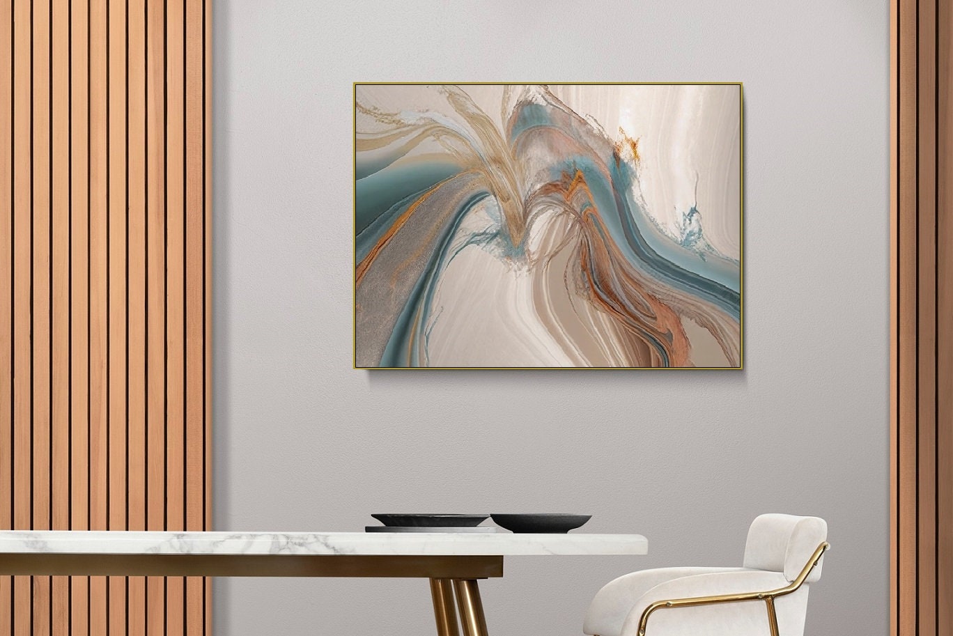 Large abstract wall art, large float frame wall art, blue beige canvas painting, contemporary framed wall art, minimalist bedroom artwork