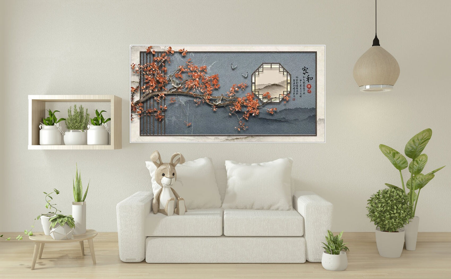 Large Japanese canvas print, framed asian wall art, grey white hanging wall decor, floater frame artwork, printable sakura wall art
