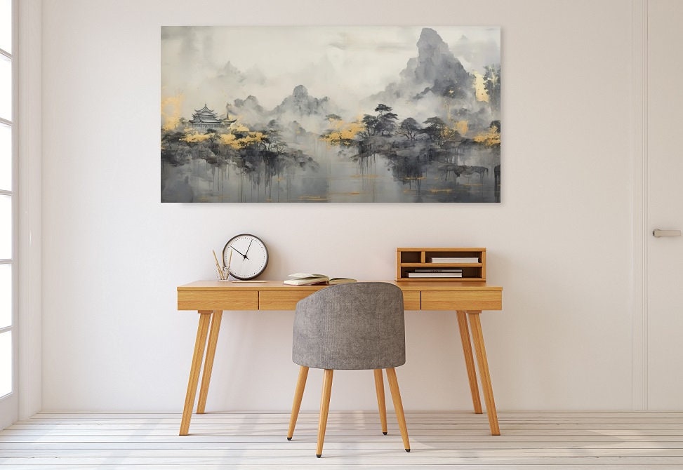 Smoky mountains wall art, floating frame landscape artwork, misty trees canvas print, Japanese hanging wall art, large grey artwork