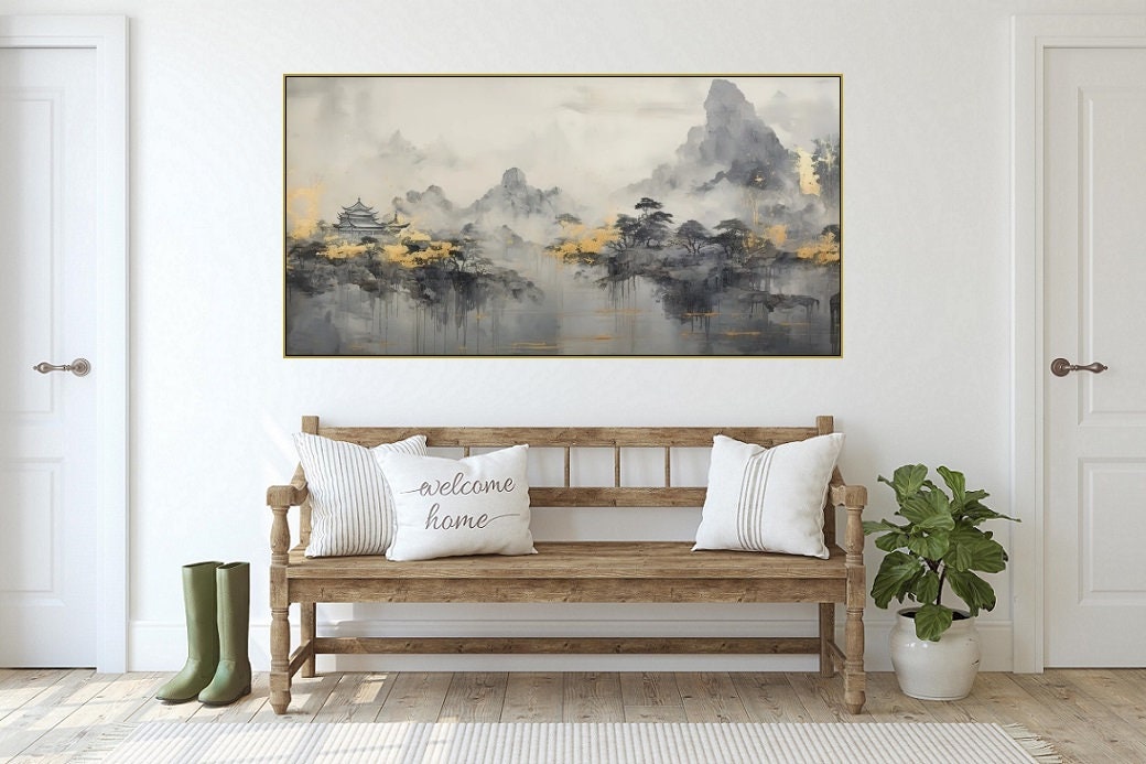 Smoky mountains wall art, floating frame landscape artwork, misty trees canvas print, Japanese hanging wall art, large grey artwork