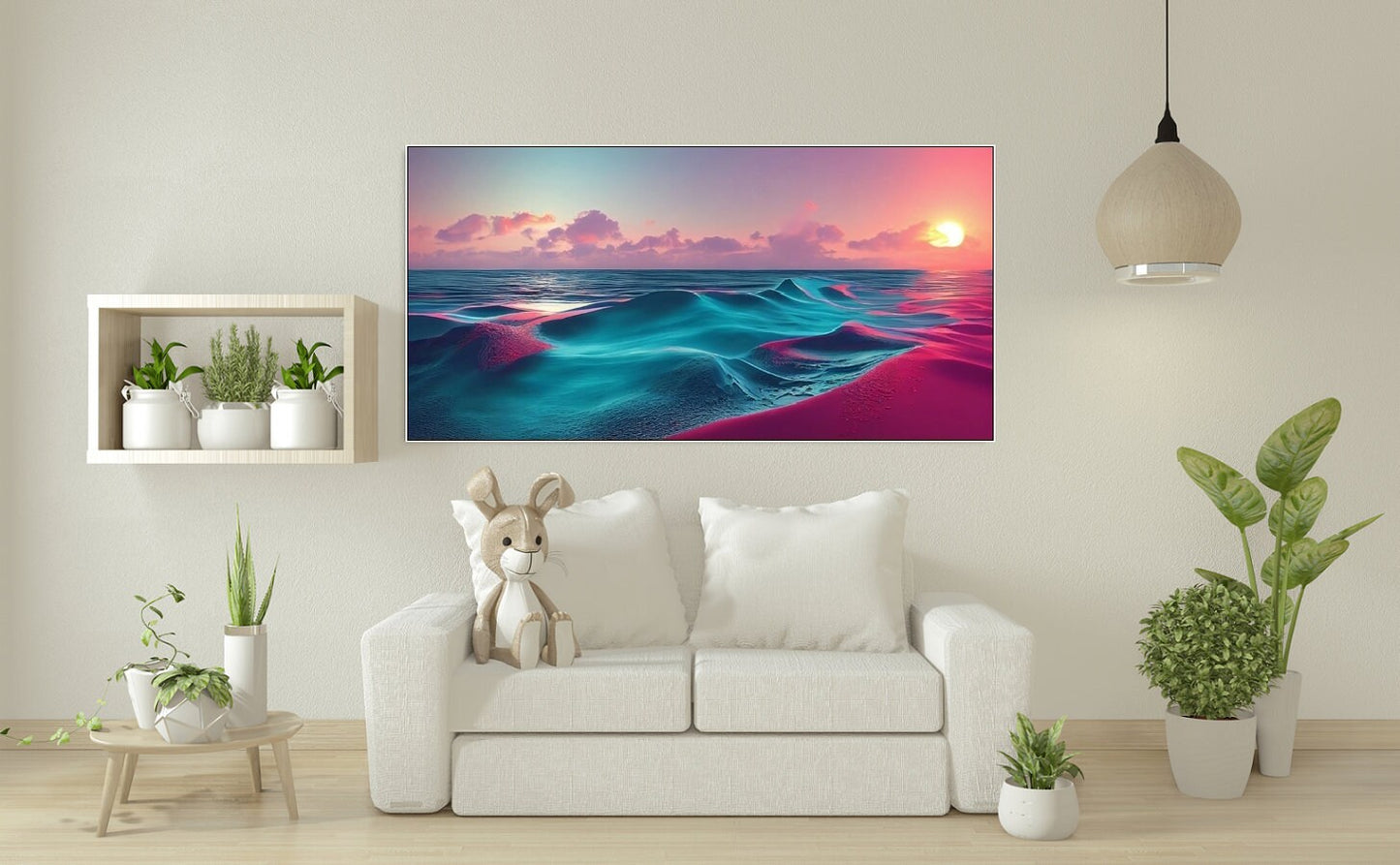 Large seascape wall art, wave canvas print, floater frame marine wall art, blue pink artwork, printable nautical picture for living room