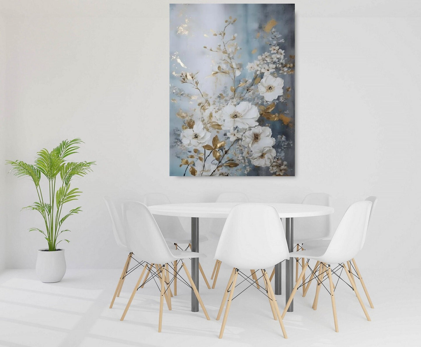 Large floral watercolor wall art, wildflowers artwork in floating frame, white flowers canvas print, blue white bedroom framed wall art
