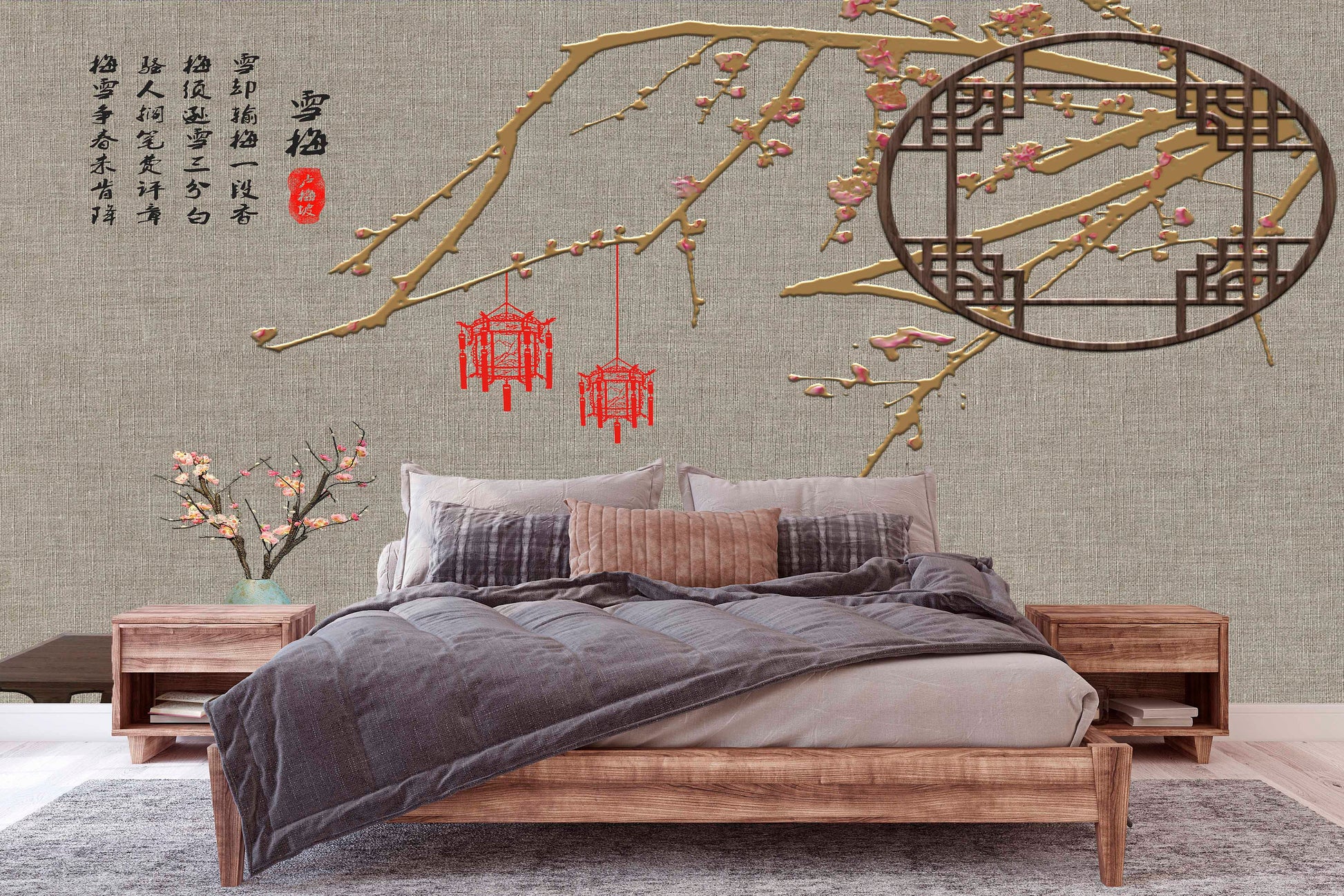 Extra large Japanese wallpaper, peel and stick Asian wall mural, self adhesive gray wallpaper with hieroglyphs, abstract oriental wall decal