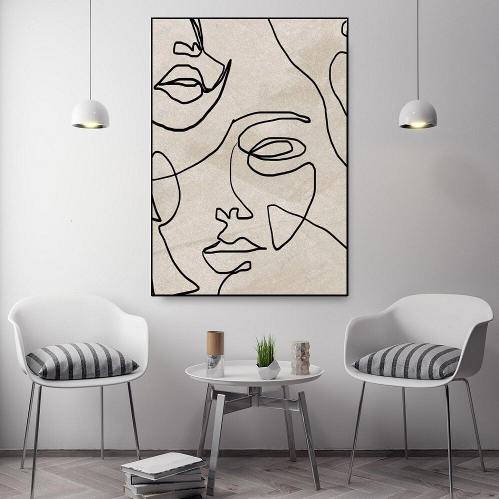 Abstract hanging wall decor, one line printable artwork, modern floating frame wall art, fashion canvas print, faces wall art for bedroom