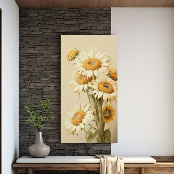 Сhamomile framed wall art, large botanical artwork in floating frame, printable flowers wall art, vertical floral canvas print for bedroom