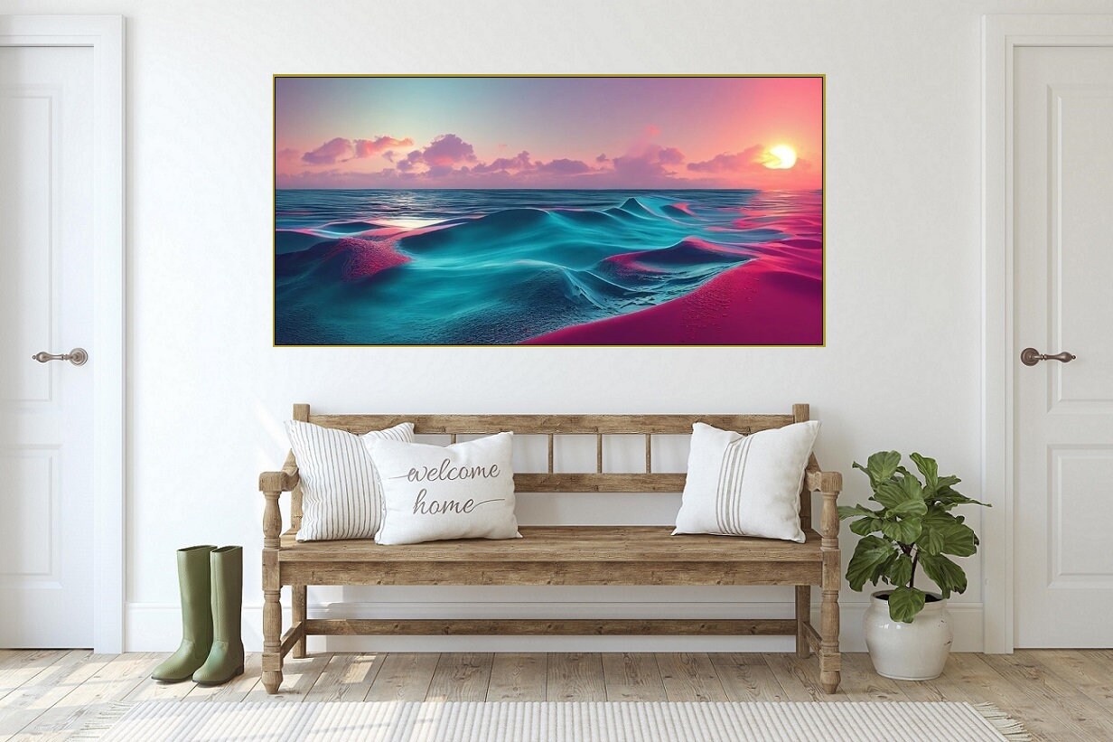 Large seascape wall art, wave canvas print, floater frame marine wall art, blue pink artwork, printable nautical picture for living room