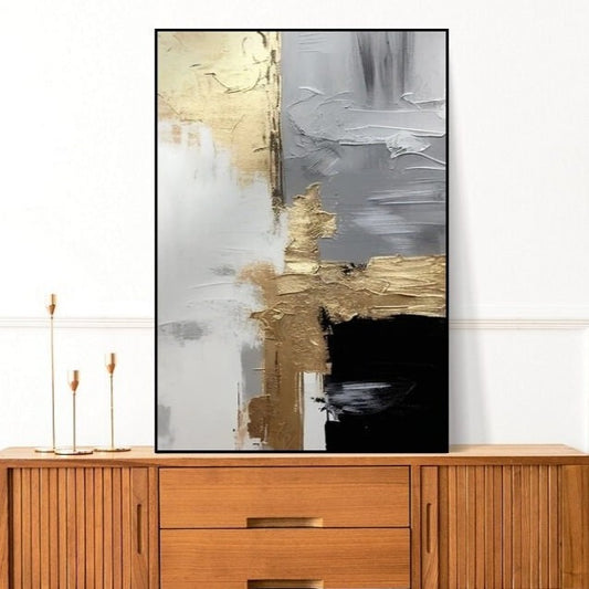 Large abstract canvas print, gray gold floating frame wall art, oil painting printable artwork, conceptual living room wall art