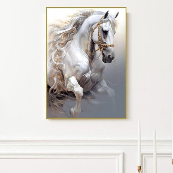 Large horse wall art, framed animals canvas print, floating frame artwork, white horse hanging wall decor, printable grey white wall art