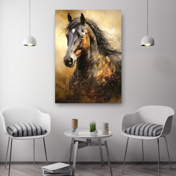 Black horse artwork in floater frame, large animals canvas print, framed dark hanging wall decor, brown black living room wall art
