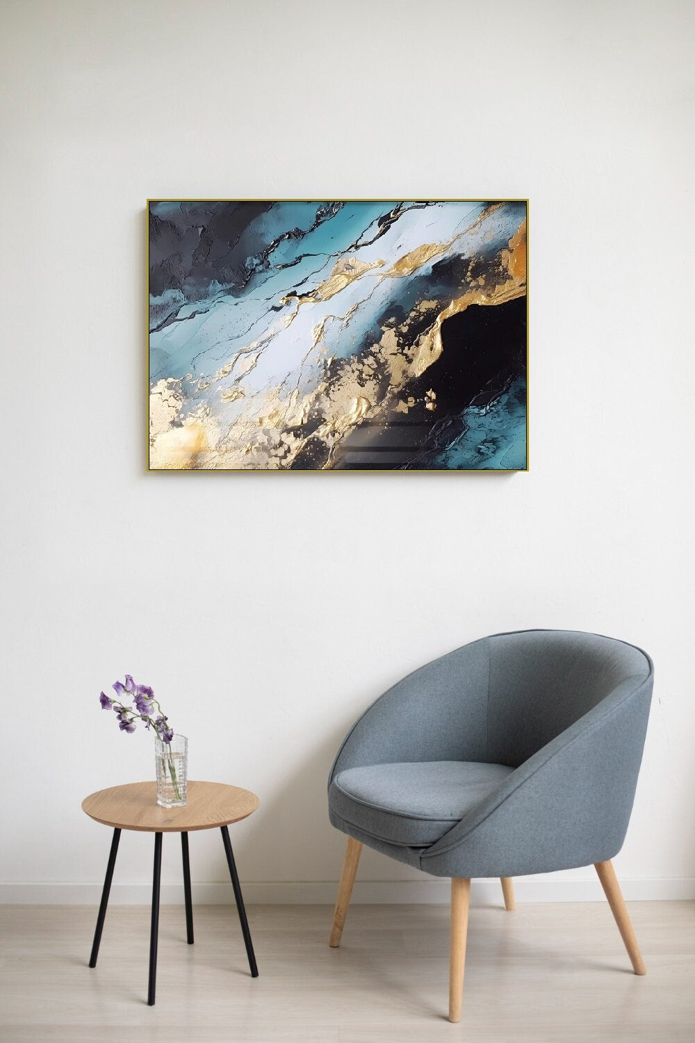 Abstract printable artwork, floating frame marble wall art, modern framed canvas print, blue gold living room wall art, artwork for gift