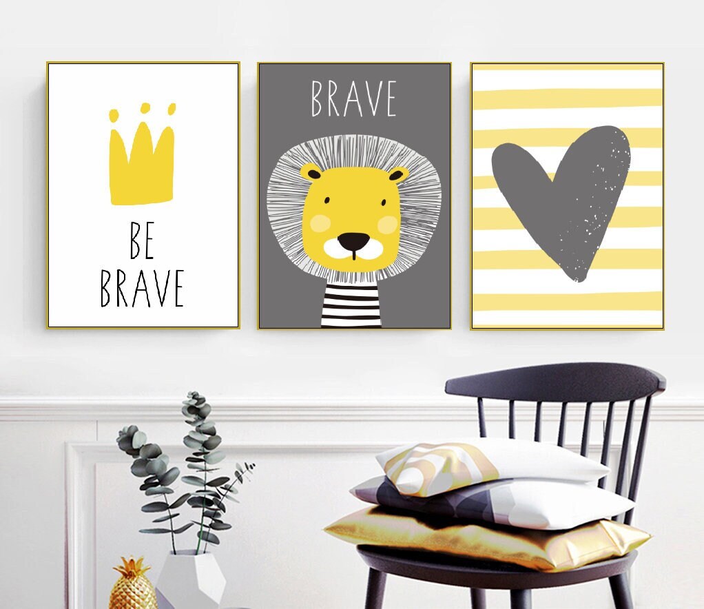 Large nursery wall art, grey yellow kids canvas print, set of three children artworks, floater frame bedroom wall art, inspirational artwork