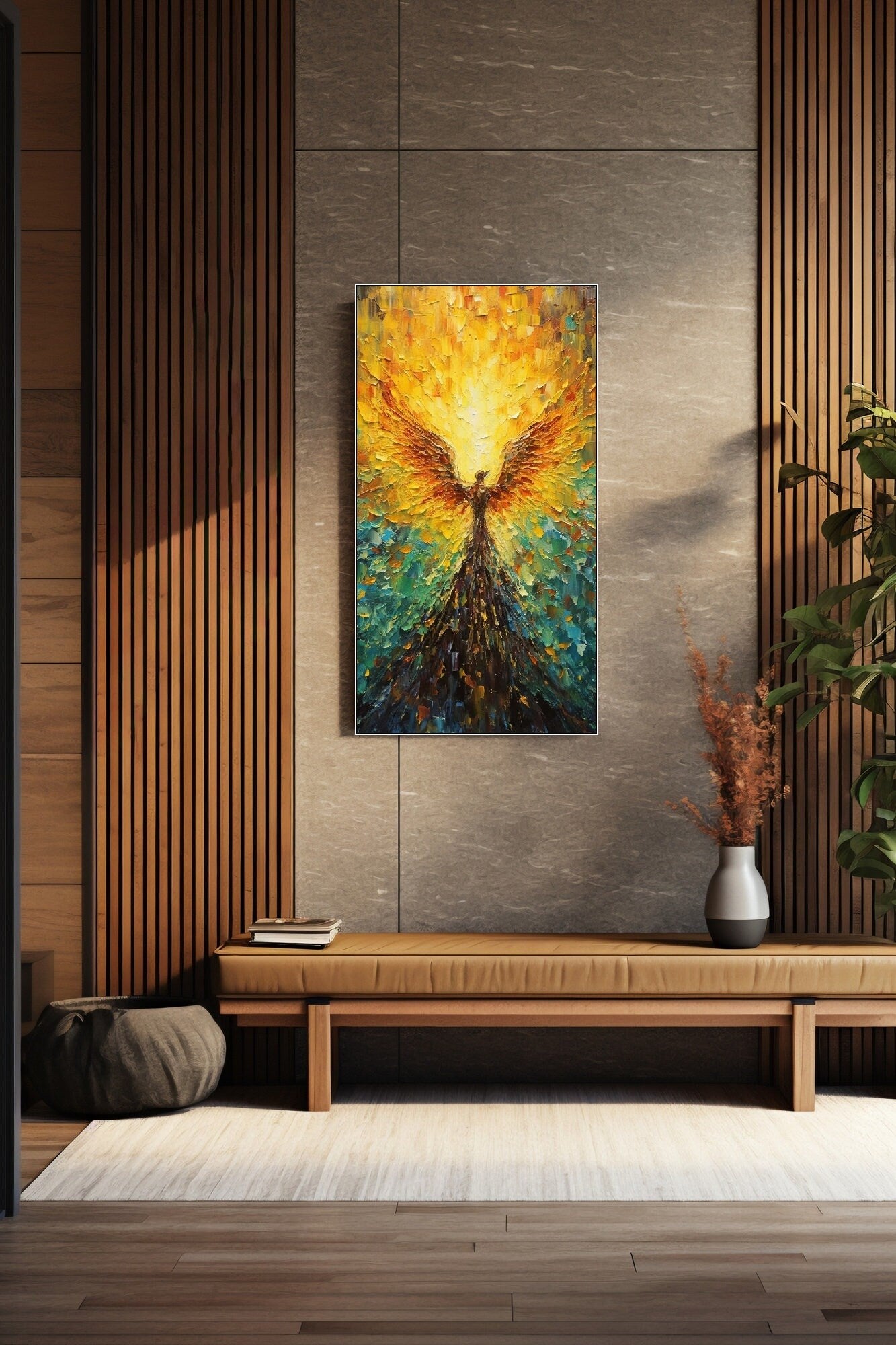 Large firebird canvas print, framed oil painting wall art, colorful hanging wall decor, floater frame bedroom artwork, bright gift wall art