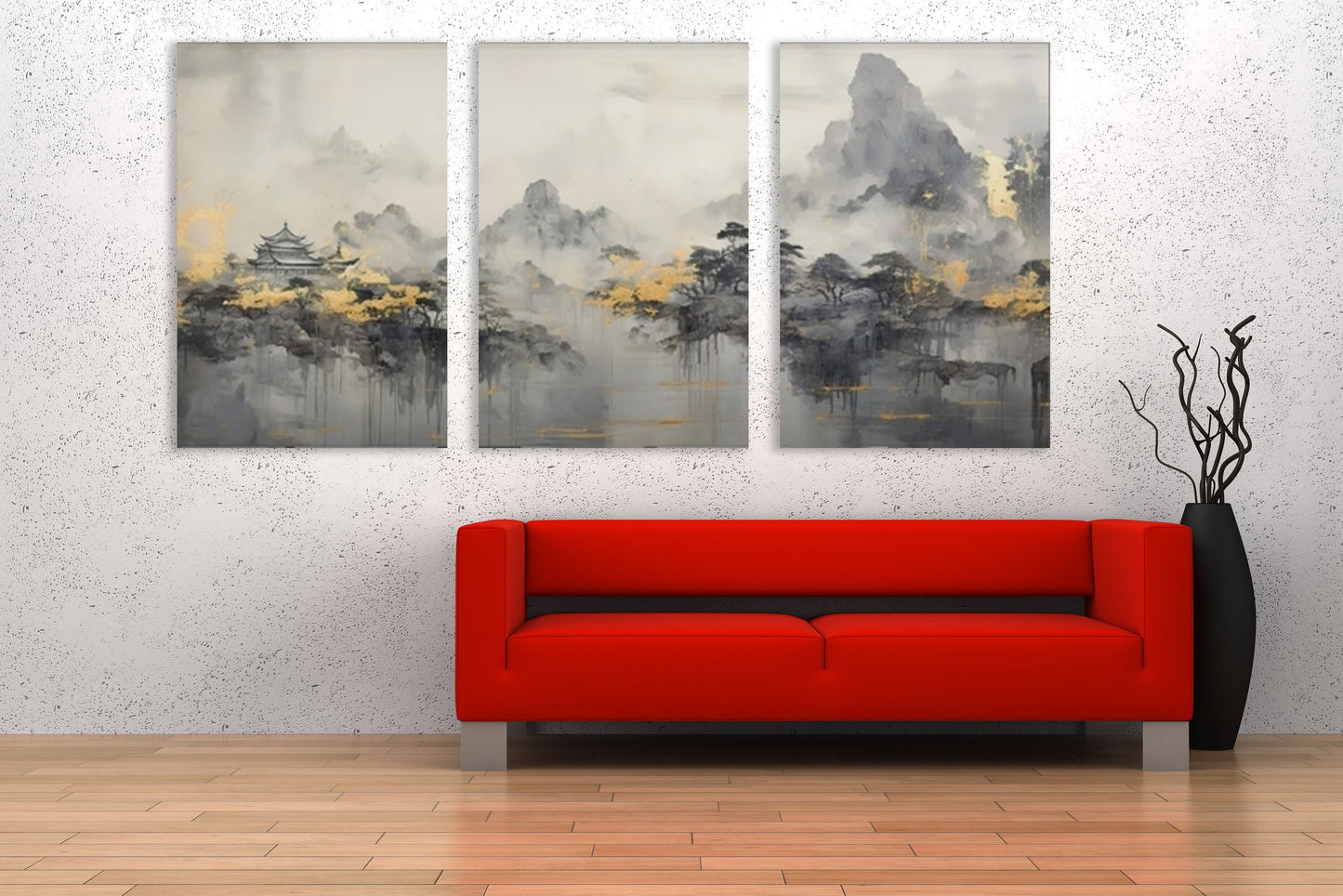 Large landscape wall art, multi piece canvas print, printable Japanese artwork, set of 3 pictures, grey bedroom wall art, artwork for gift
