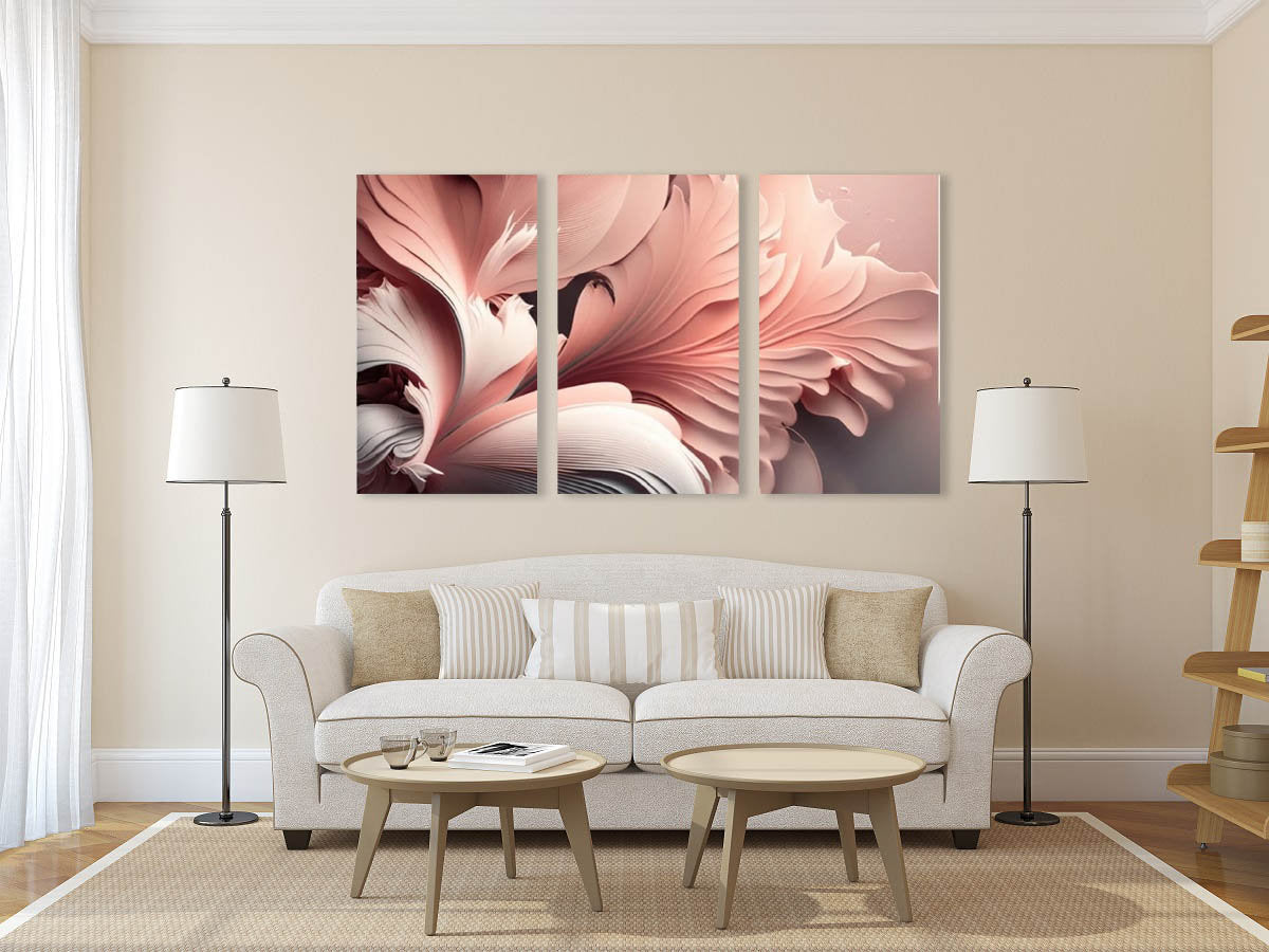 Large floral wall art, pink three piece artwork, multi panel abstract hanging wall decor, petals canvas print for bedroom, artwork for gift