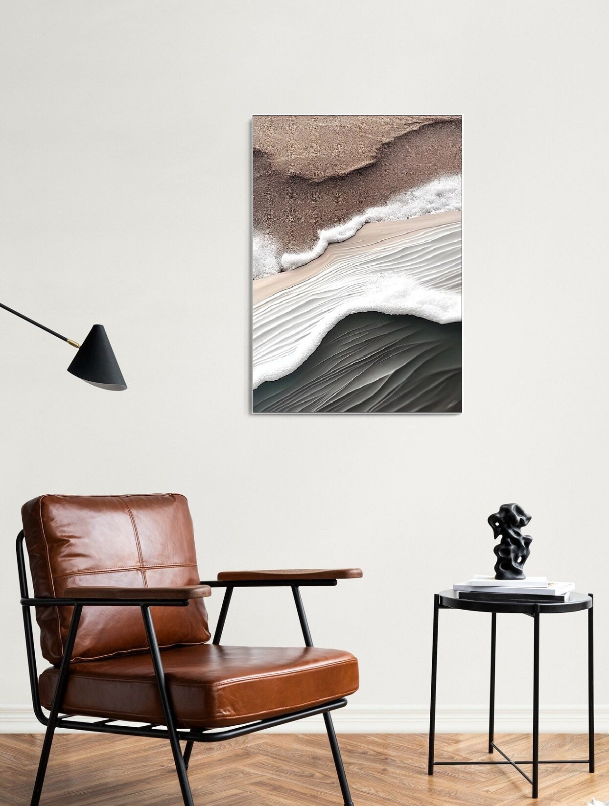 Abstract framed wall art, wave hanging wall decor, brown floater frame canvas print, large printable living room artwork, impression artwork