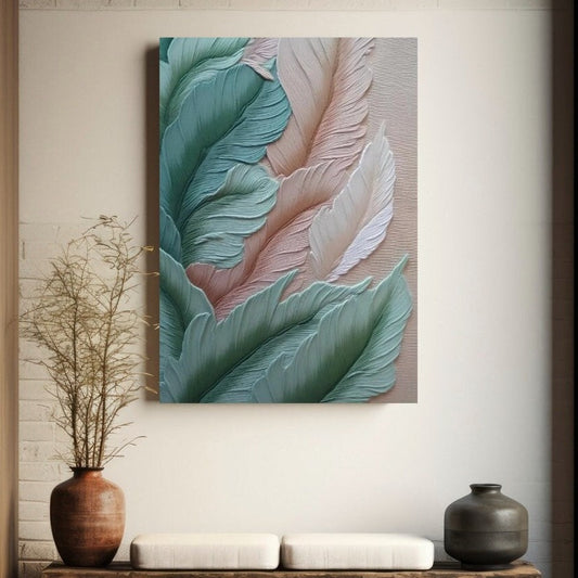 Botanical 3d wall art, large leaves canvas print, green pink floater frame artwork, abstract living room wall art, volumetric gift artwork