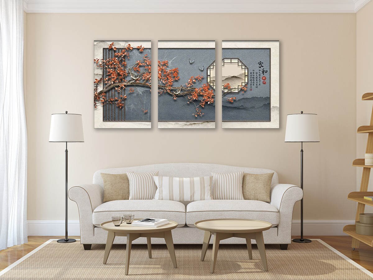 Japanese canvas print, large asian wall art, cherry blossom artwork, three piece wall art, multi panel bedroom artwork, housewarming gift