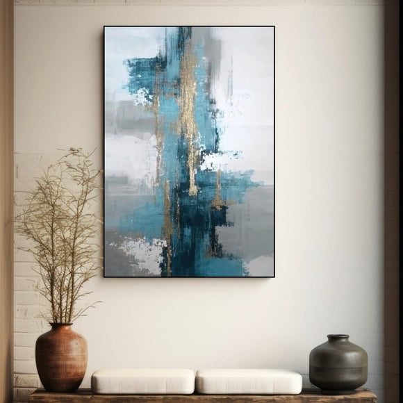 Large abstract wall art, floater frame blue canvas print, conceptual hanging wall decor, printable living room artwork, modern gift wall art
