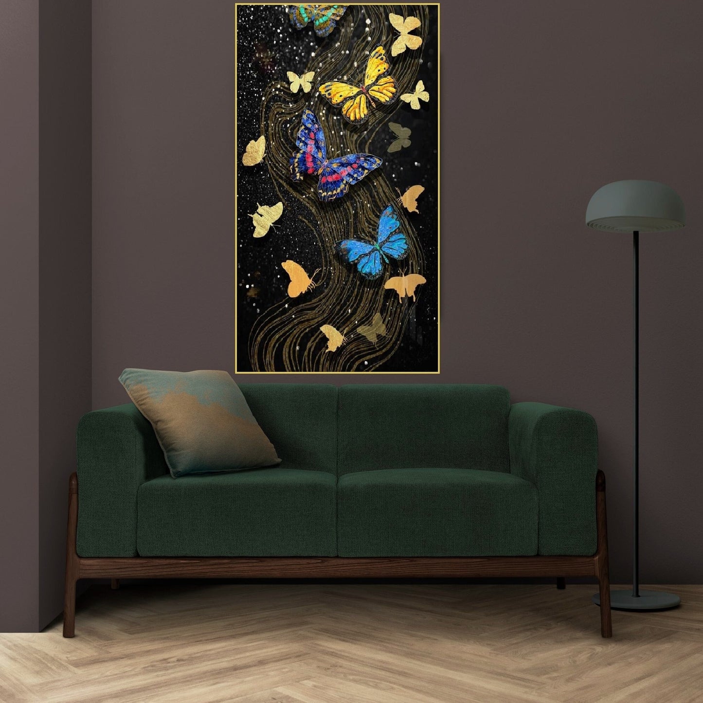 Large butterfly wall art, floater frame canvas print, dark printable hanging wall decor, colorful framed canvas artwork for living room