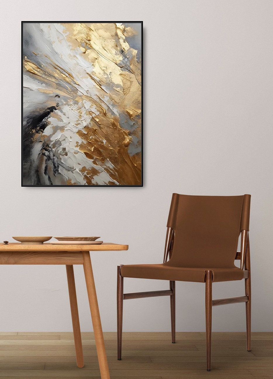 Large abstract wall art, framed contemporary canvas print, gold grey floater frame artwork, oil painting bedroom wall art, modern artwork