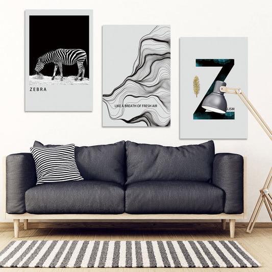 Zebra wall art paintings on canvas, home wall decor, printable wall art set of 3, black and white art minimalist wall art abstract art print