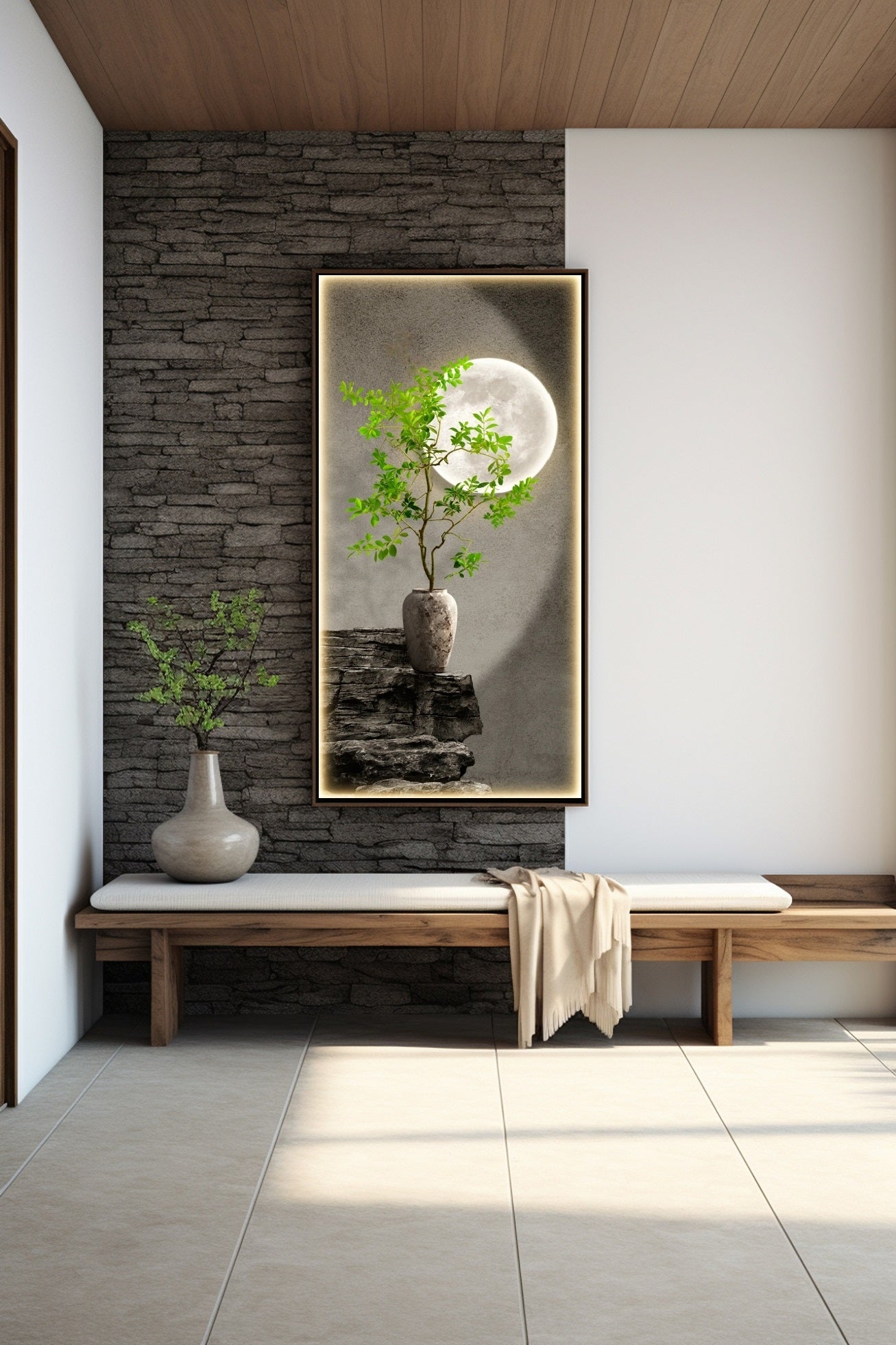 Nature wall art, large botanical canvas print, framed moon artwork, printable grey green wall art, floater frame living room canvas print