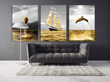 Sea wall art paintings on canvas, home wall decor, ship wall decor, nautical wall art, dolphin art print, gold and gray painting