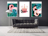 Flamingo wall art paintings on canvas, home wall decor, printable wall art set of 3, botanical paintings, valentines day gift, tropical art