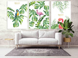 Tropical wall art paintings on canvas,pink flamingo art,set of 3 tropical, home wall decor, printable wall art set of 3, parrot wall art