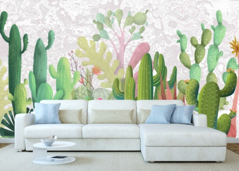 Cactus wall art Cactus print Tropical wallpaper Leaf Removable wallpaper Textured wallpaper fabric wallpaper modern wallpaper