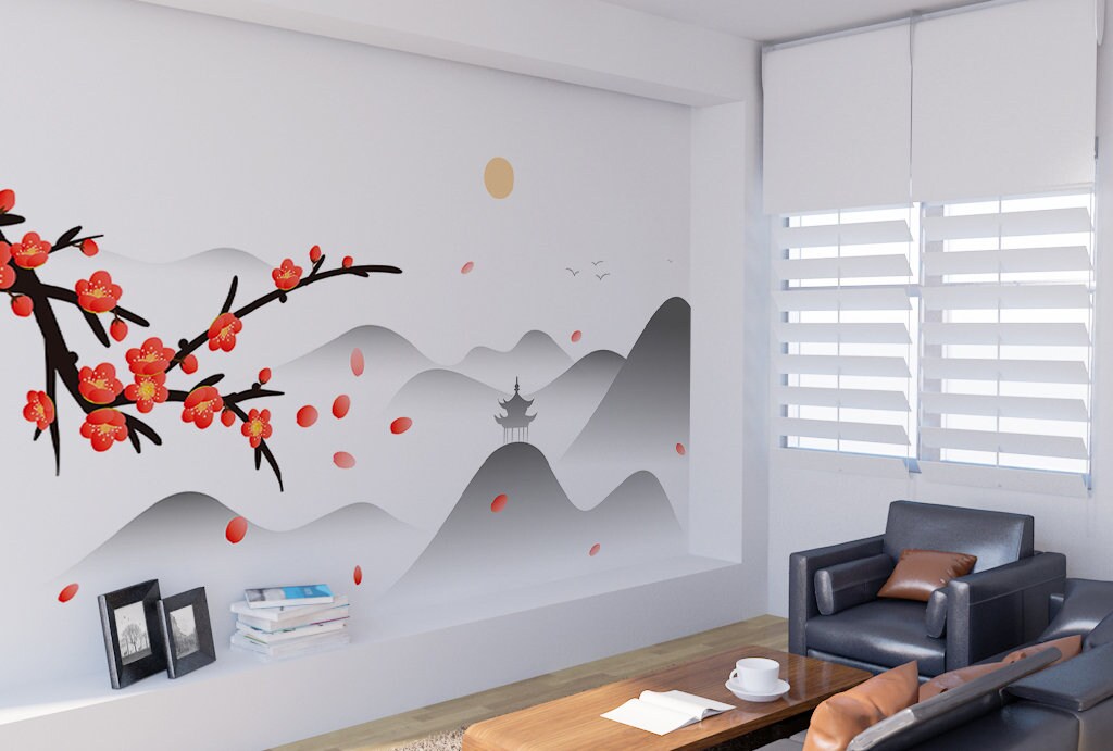 Sakura blossoms Japanese wall art Flowers wallpaper Peel&stick wallpaper Asian wall art Botanical removable wallpaper Chinoiserie wallpaper