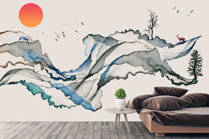 Japanese asian wall art print Minimalist Bedroom wall decor Abstract Peel and stick removable temporary wallpaper self afhesive mural