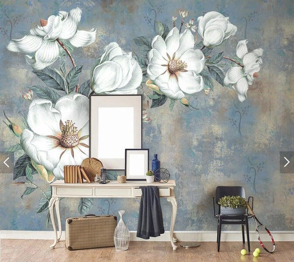 Light blue Flowers wall covering Botanical Peel and stick wall mural removable Floral wall decoration adhesive wallpaper bedroom wall decor