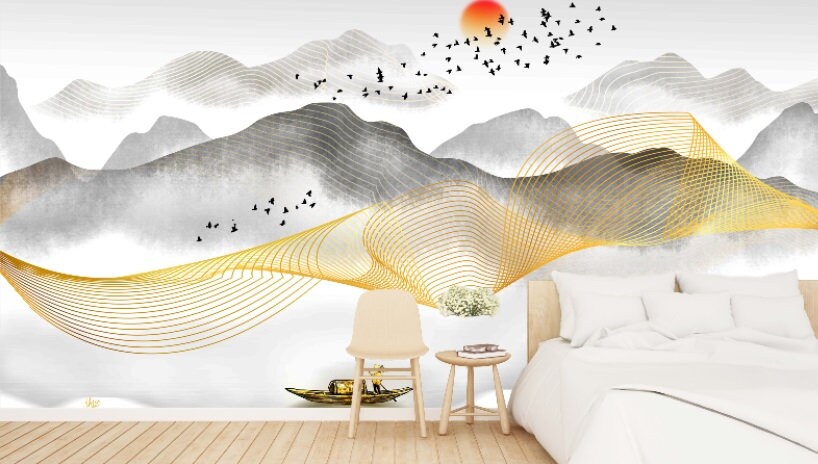 Japanese wall art Self adhesive mural Abstract wallpaper Minimalist wall decor Peel and stick wallpaper removable wallpaper Bedroom decor