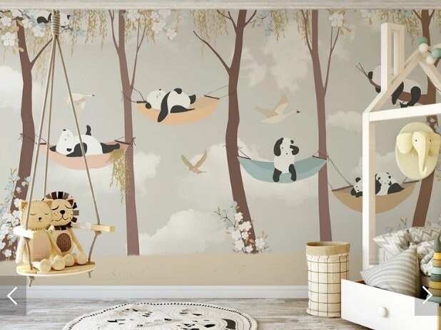 Beige Panda wall sticker Nursery wallpaper Peel and stick mural Removable wallpaper Boy nursery decor wall print art vinyl wallpaper