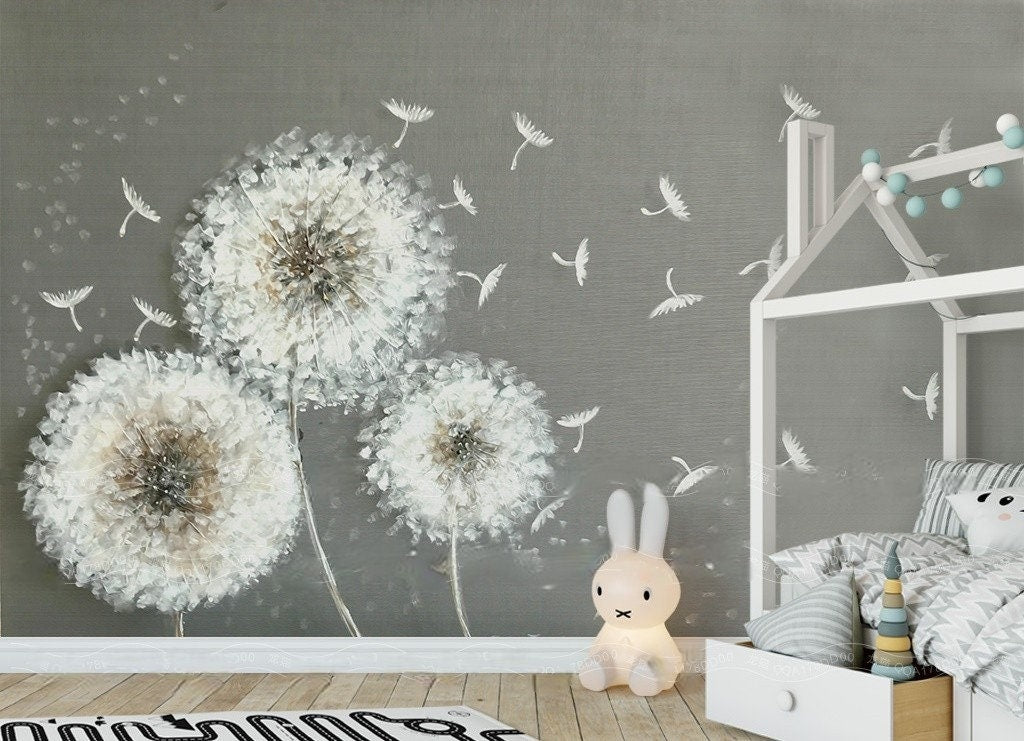 Dandelion wall art Floral wallpaper Peel and stick wall murals Photo Textured wallpaper Botanical removable dark wallpaper