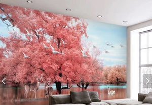 Fairy garden landscape wall mural Japanese cherry blossom tree stickers peel and stick wallpaper Nature wall decoration